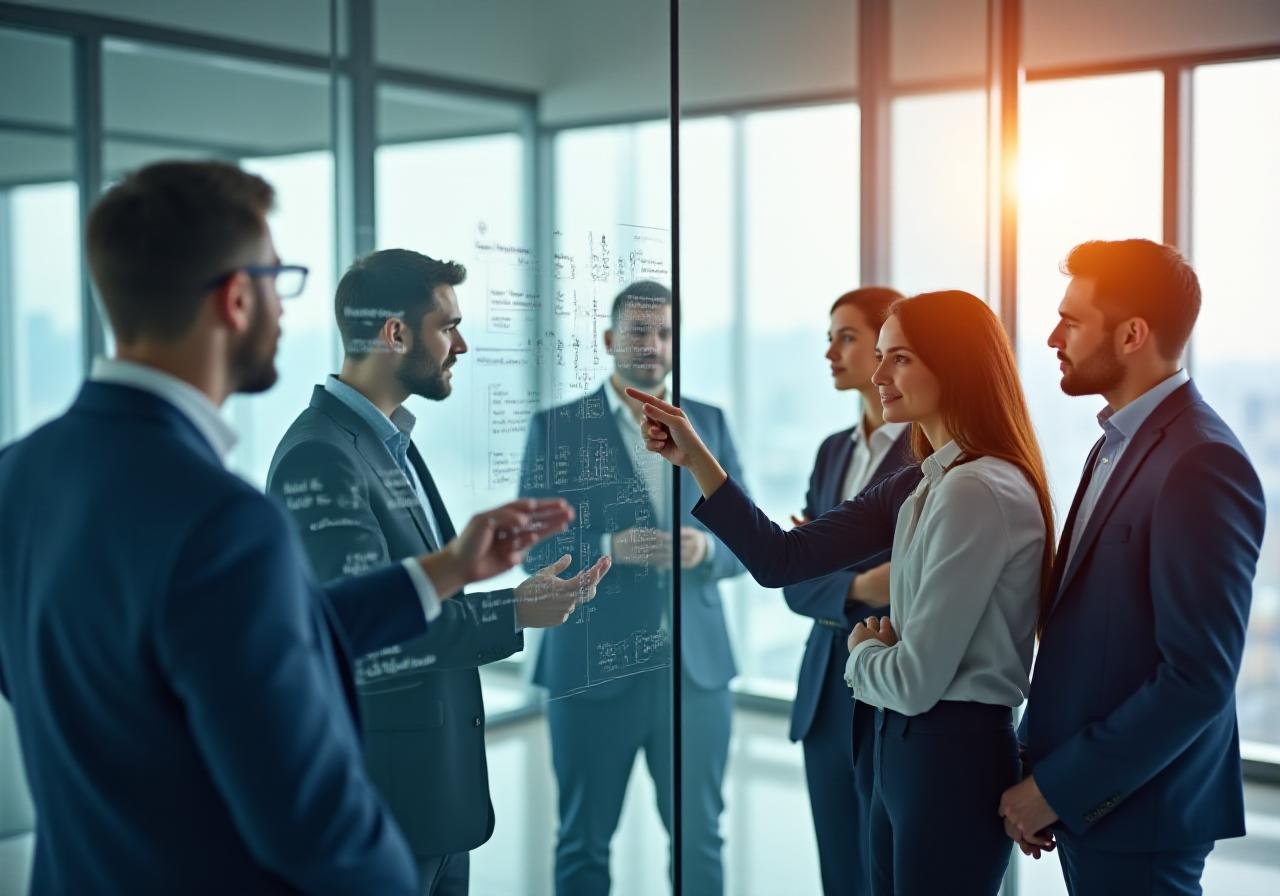 Team of professional consultants collaborating in a modern office