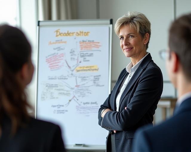 Professional corporate facilitator standing next to a whiteboard engaged with a team